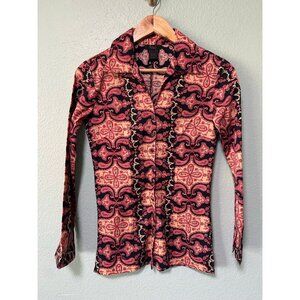 Vintage Frenchi Women's Y2K Pink‎ Pattern Button Up Blouse Shirt Top Size Small